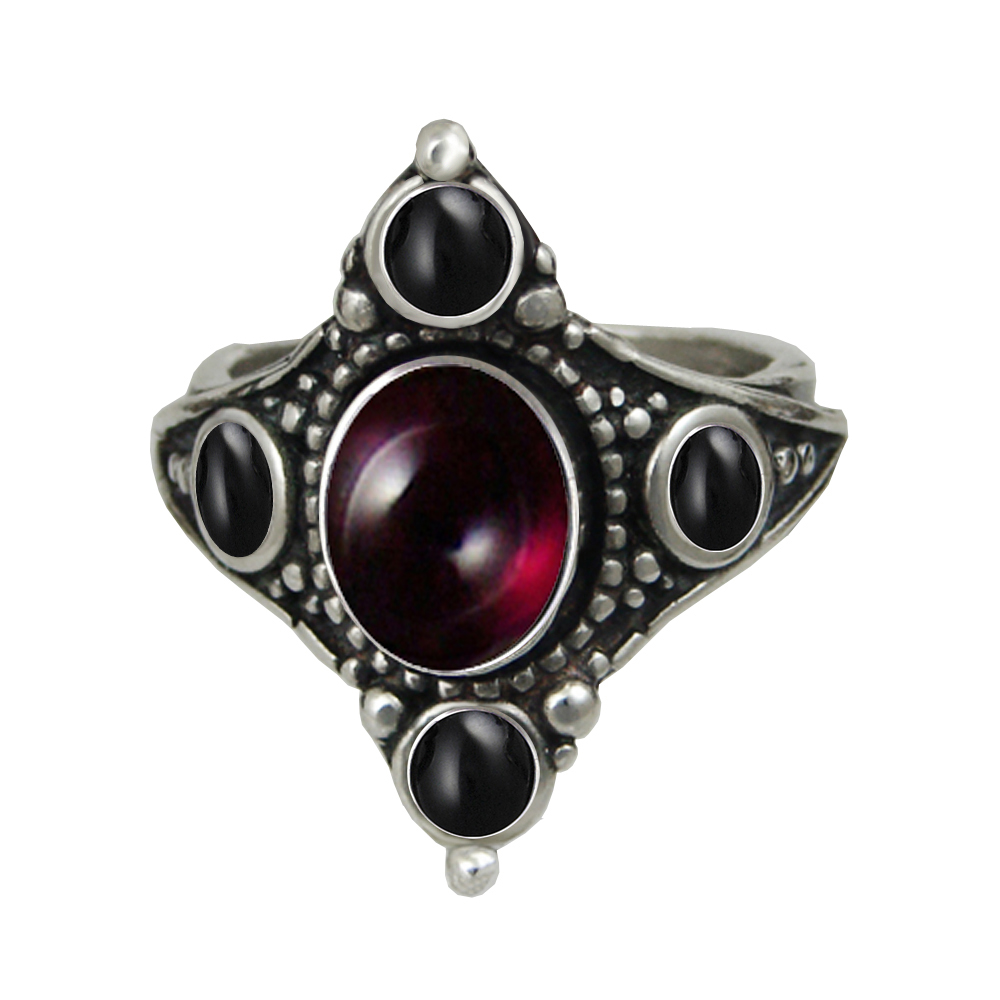 Sterling Silver Renaissance Queen's Ring With Garnet And Black Onyx Size 10